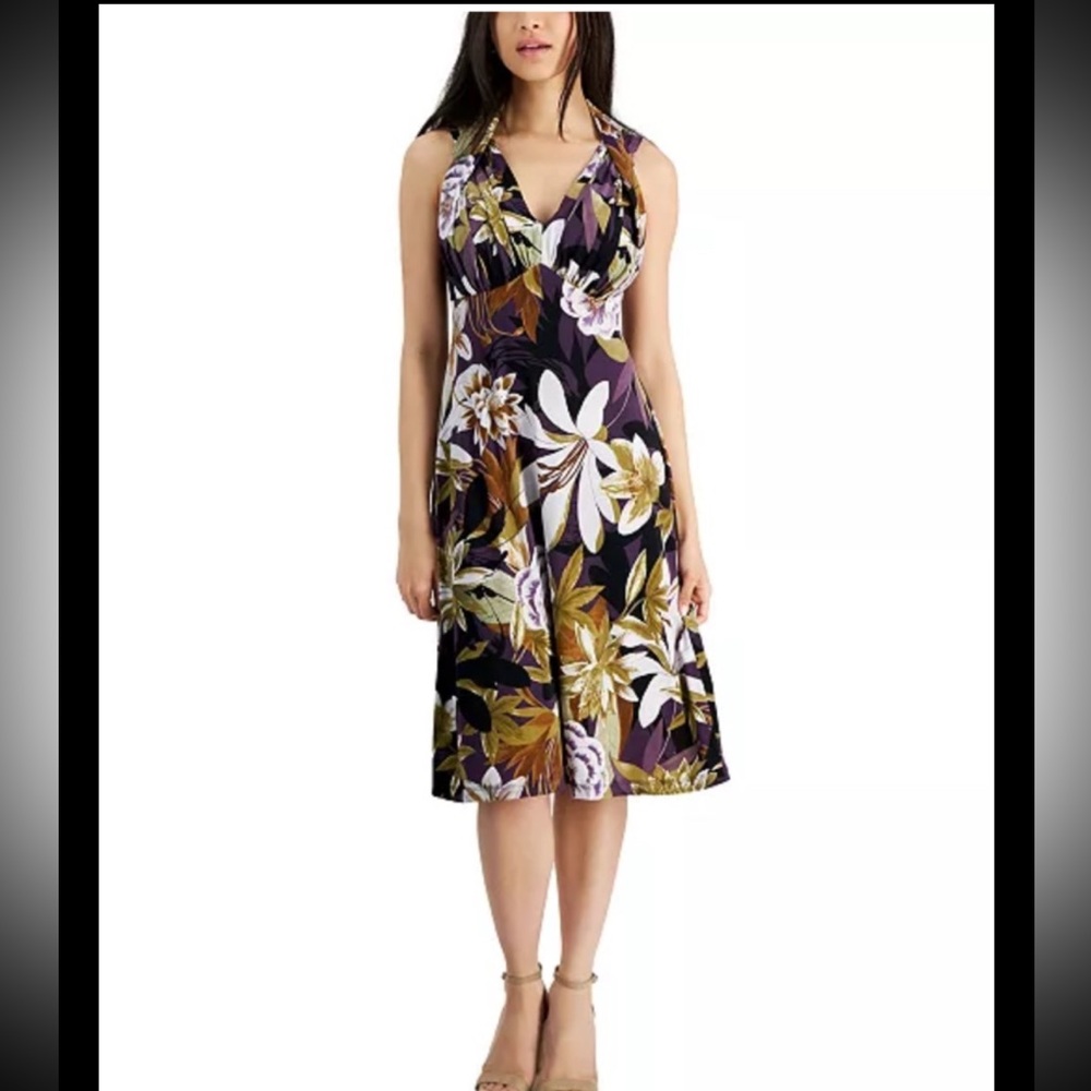 NWT Connected Apparel Ladies Beautiful Floral Black Brown Purple Dress - Size 12